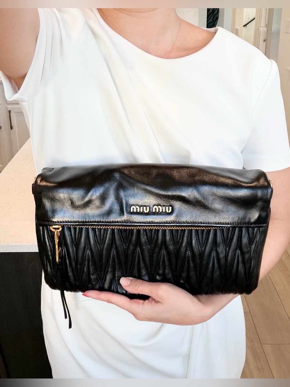 Auth MIU MIU Matelasse Large Black Fold-Over Clutch w/ Non-Branded Leather Chain